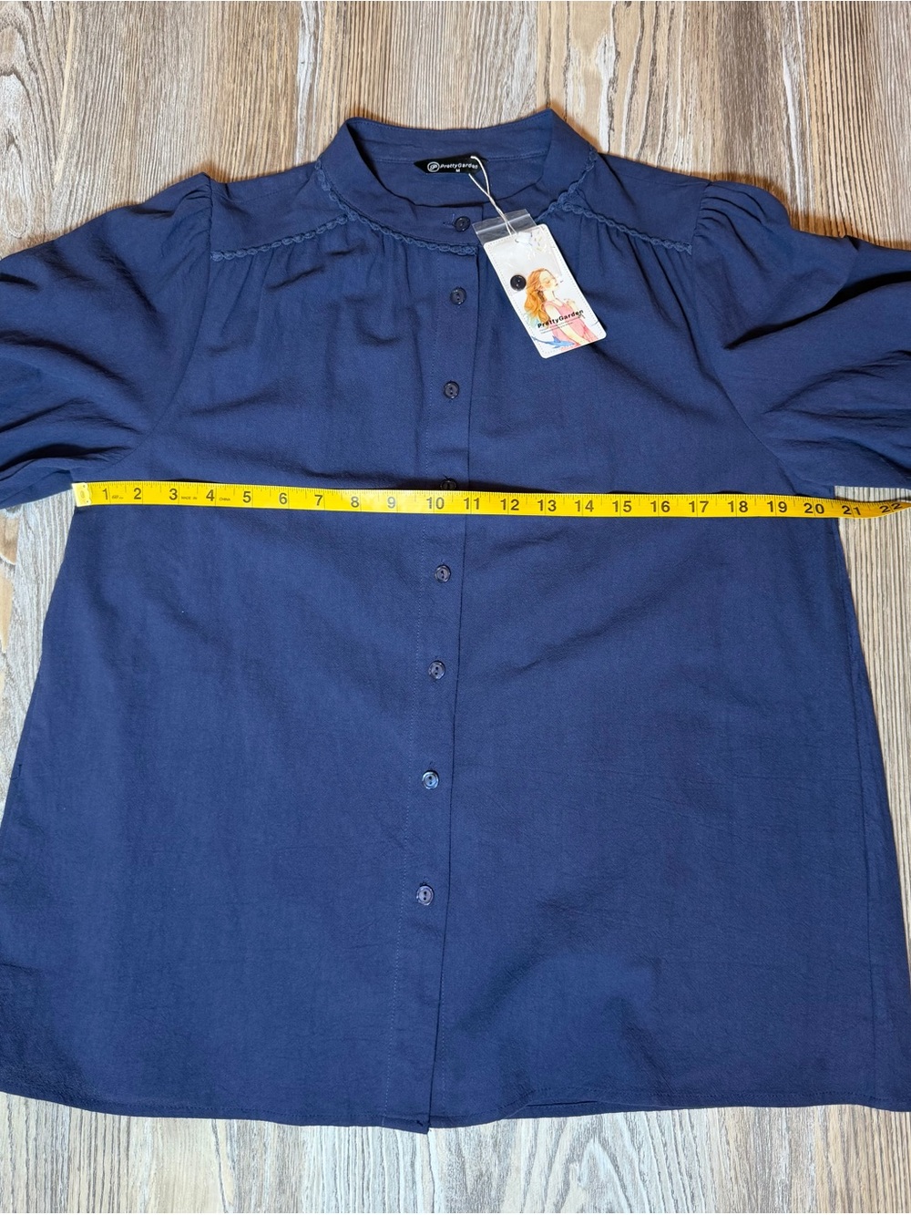PRETTYGARDEN Blue Cotton Puff Sleeve Blouse Button Down Top Size Medium NWT - Picture 8 of 11